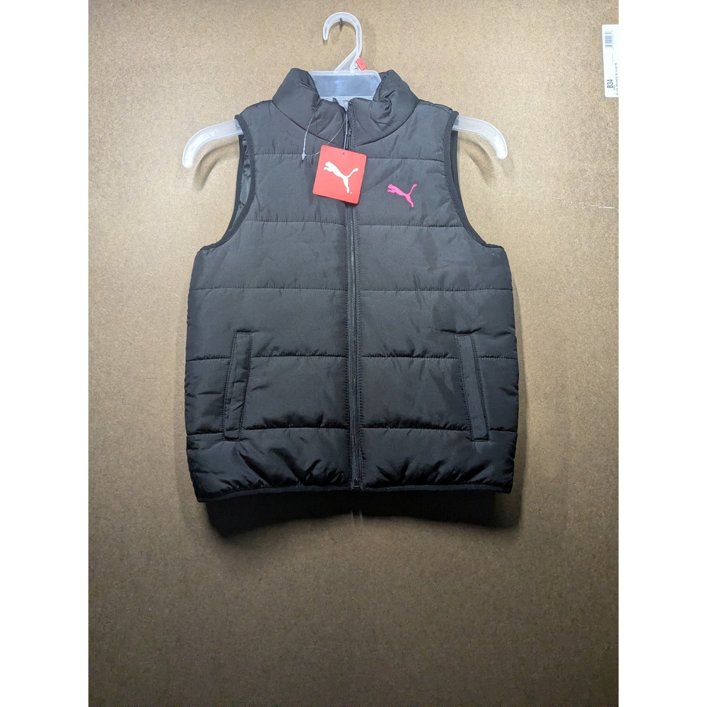 Puma Girls Black Puffer Vest Pink Logo Full Zip Sleeveless Jacket Size S 7